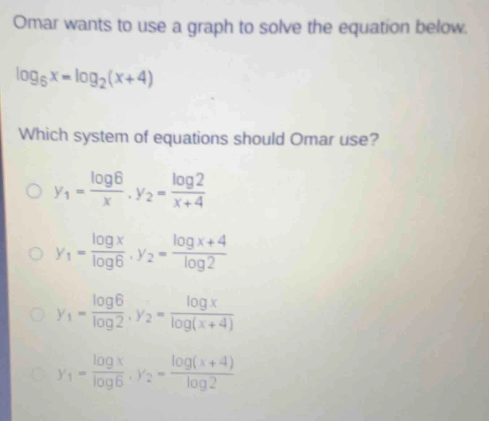 omar wants to use a graph to solve the equation below.$log_{6}x = log_{…