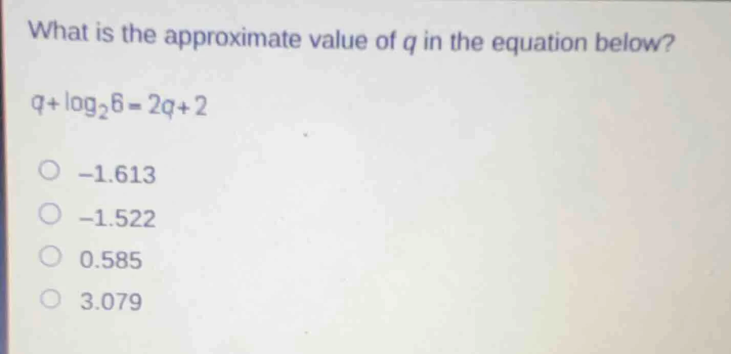 what is the approximate value of $q$ in the equation below? $q+\\log_{2…