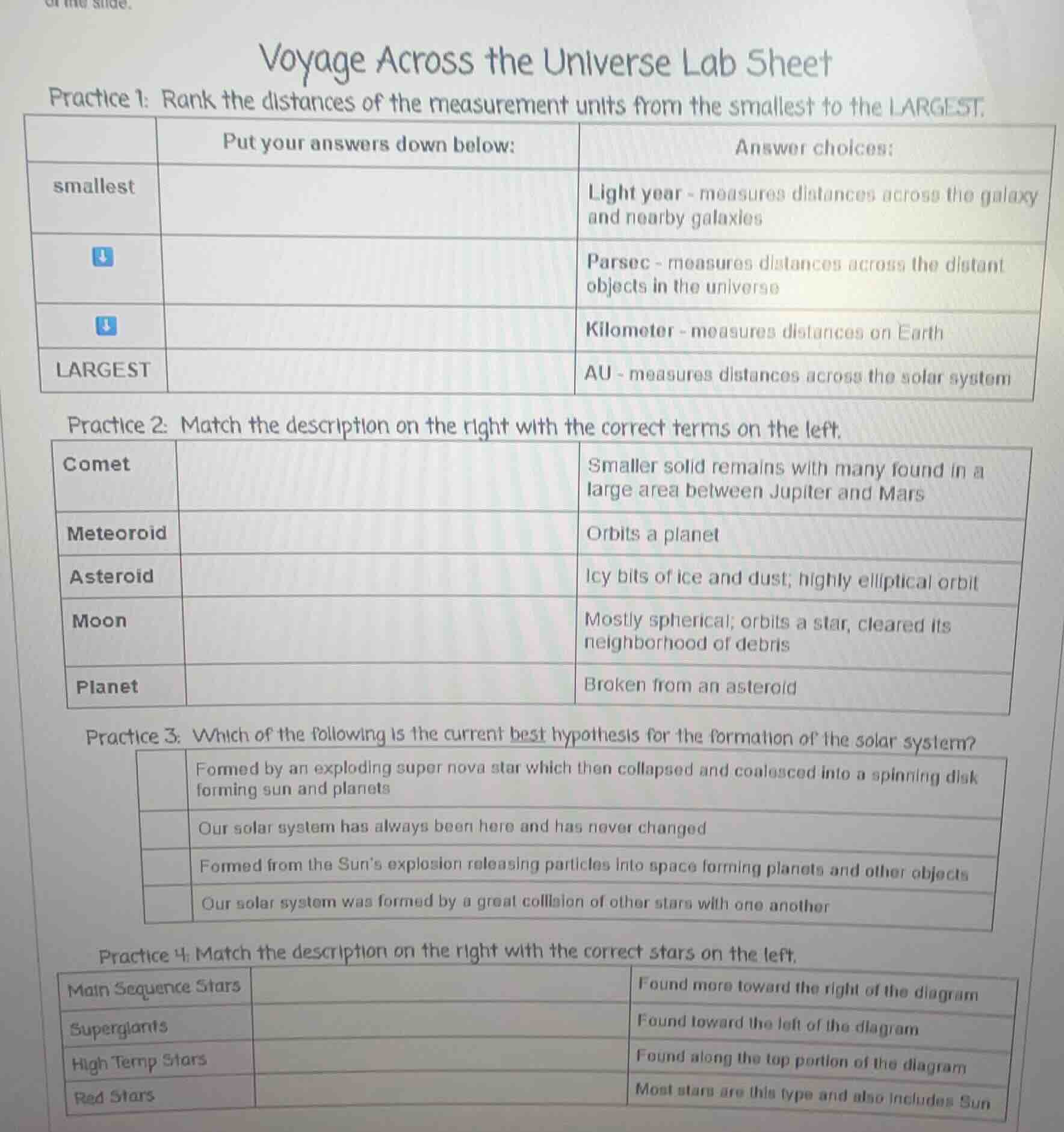 voyage across the universe lab sheet practice 1: rank the distances of …