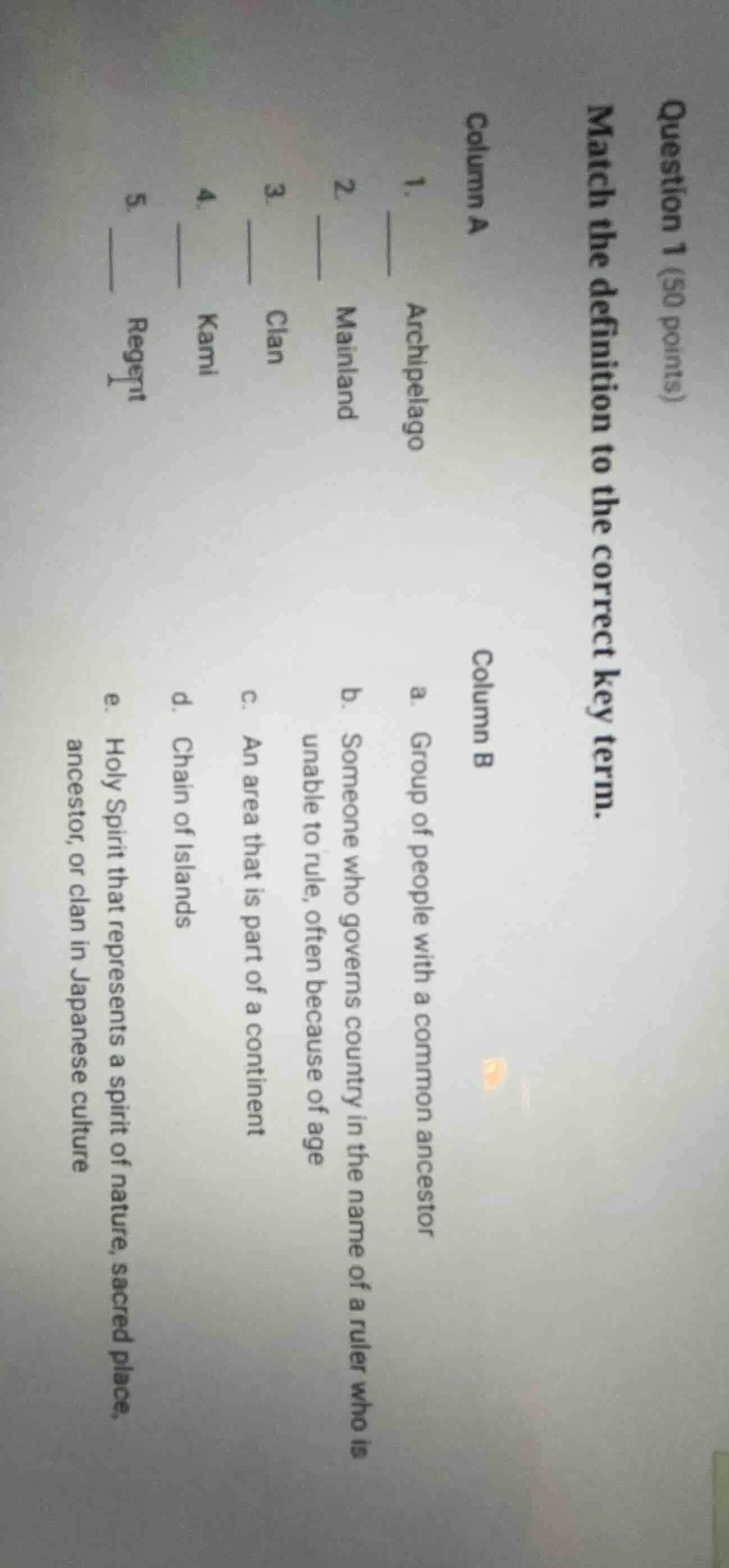 question 1 (50 points) match the definition to the correct key term. co…