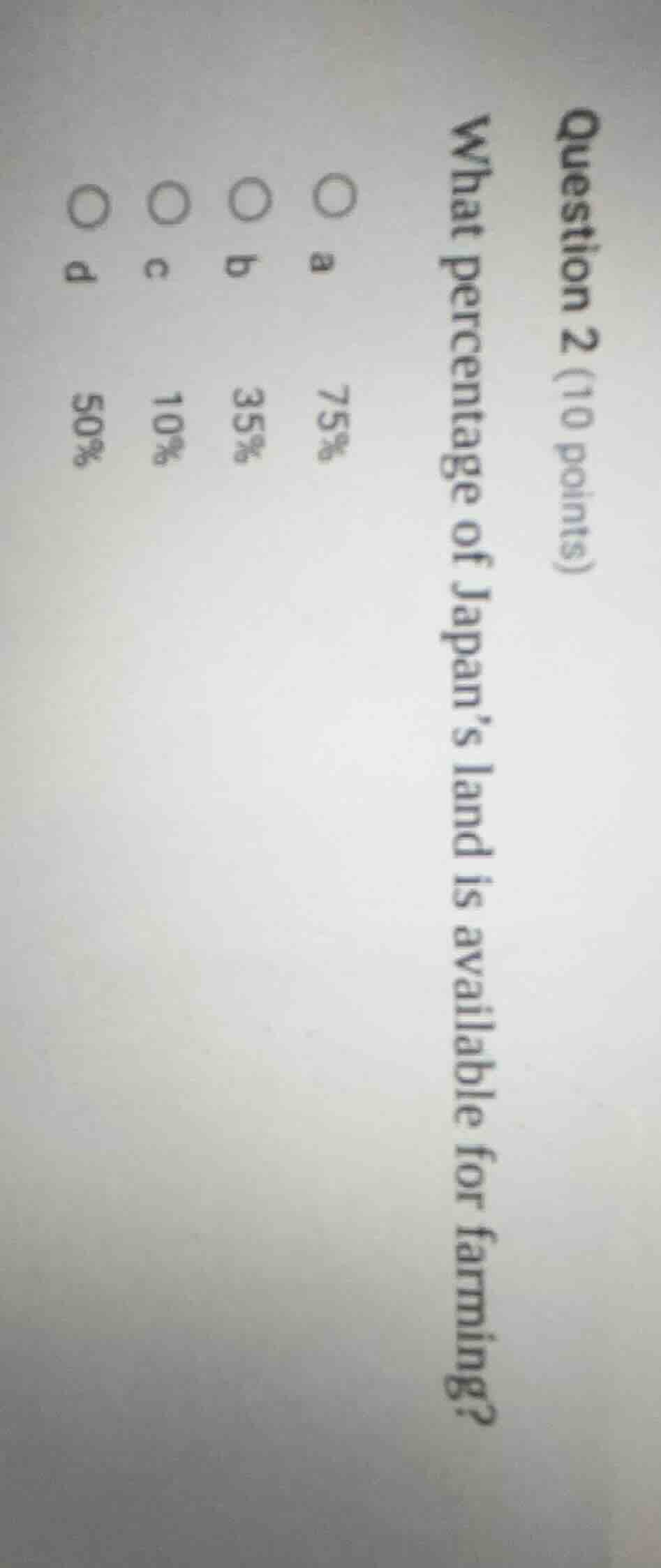 question 2 (10 points) what percentage of japans land is available for …