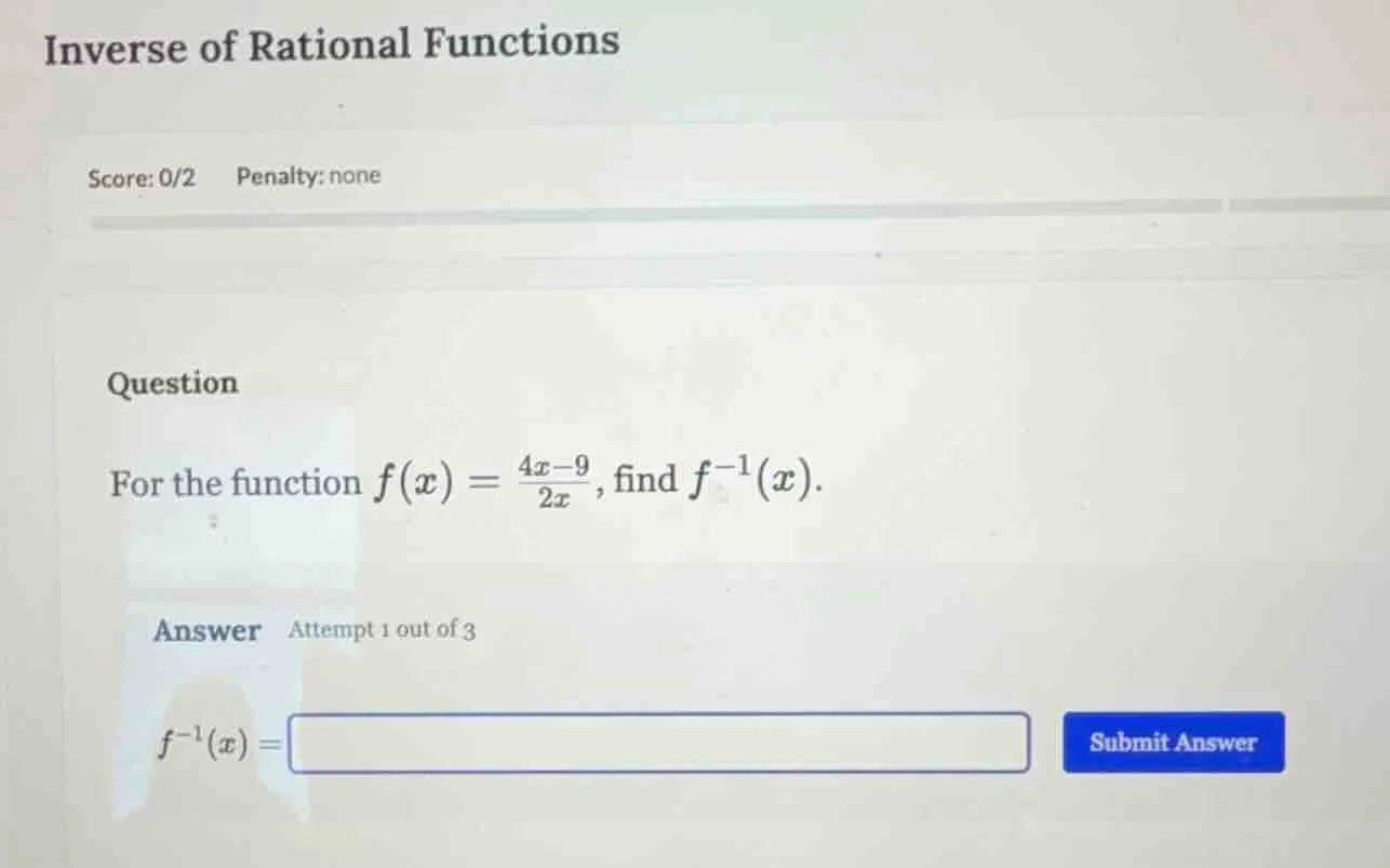 inverse of rational functions score: 0/2 penalty: none question for the…