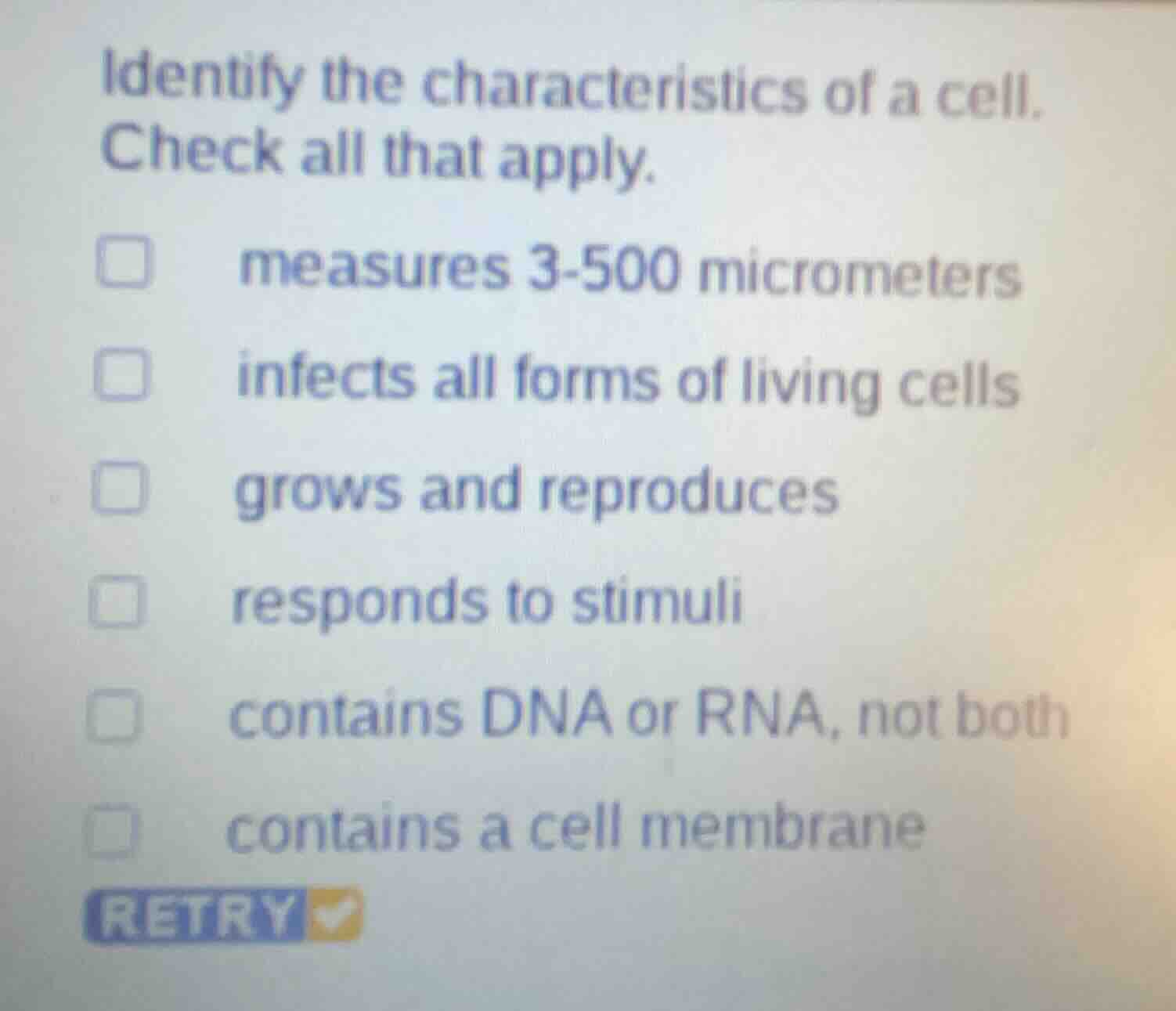 identify the characteristics of a cell. check all that apply. measures …