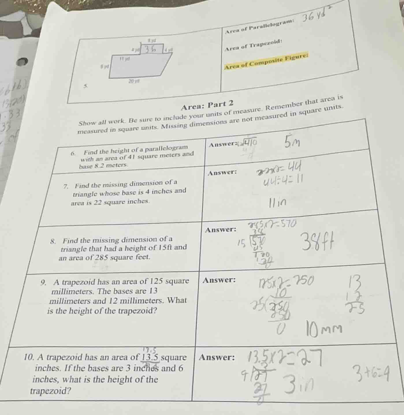 5.area of parallelogram: $36yd^{2}$area of trapezoid:area of composite …