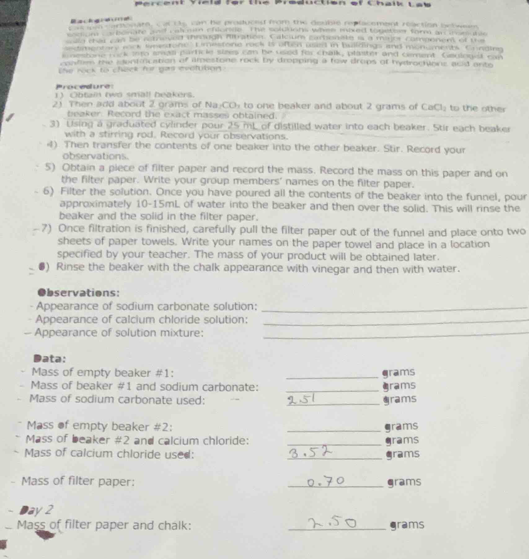 percent yield for the production of chalk labbackground:calcium carbona…
