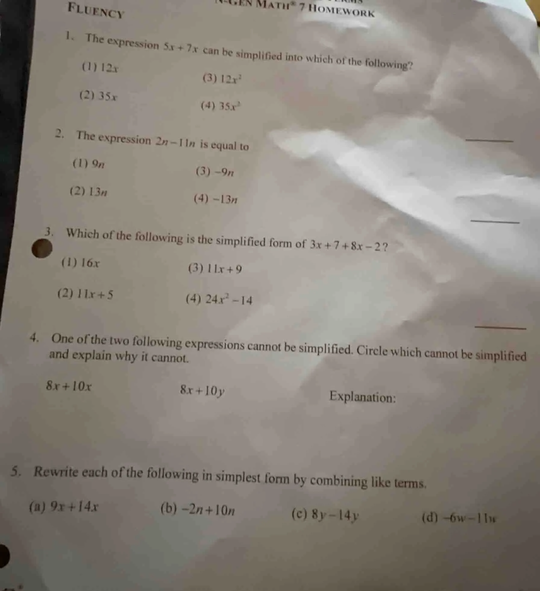 n-gen math® 7 homework fluency 1. the expression $5x + 7x$ can be simpl…