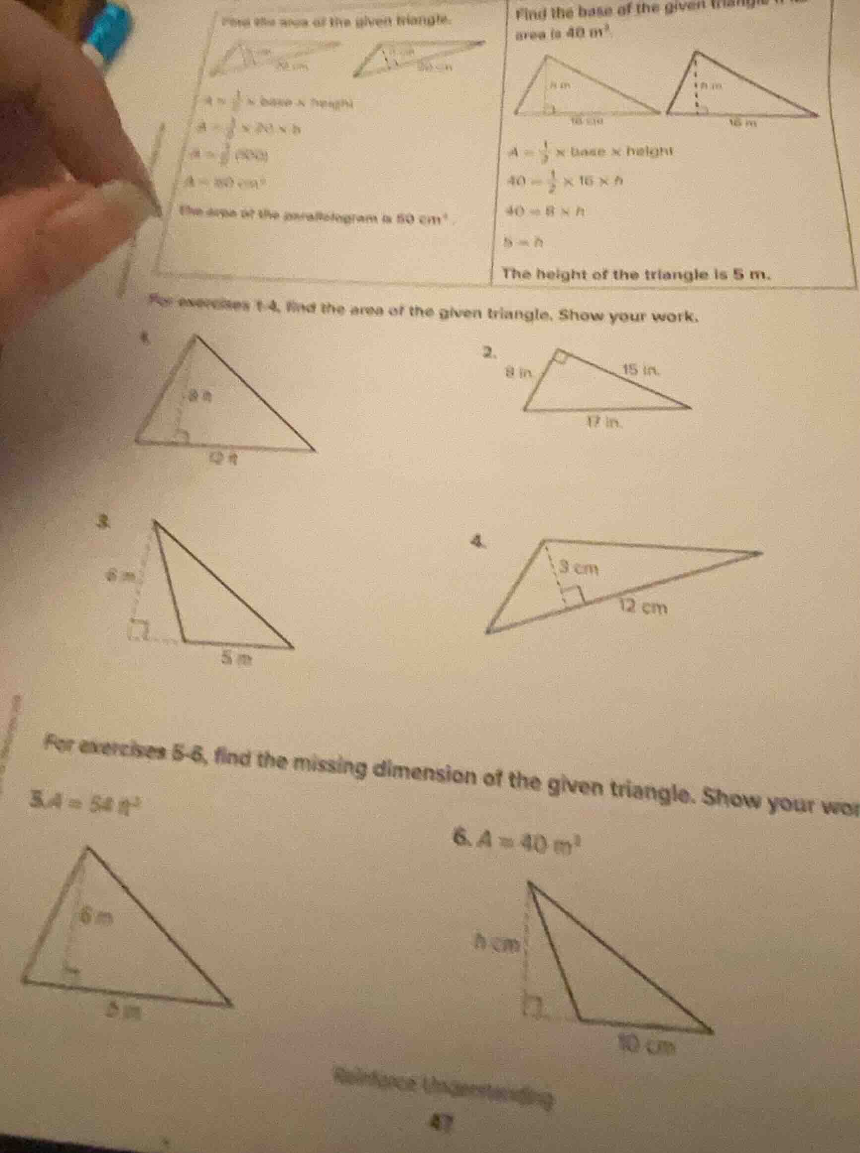 find the area of the given triangle.$a = \\frac{1}{2} \\times base \\ti…
