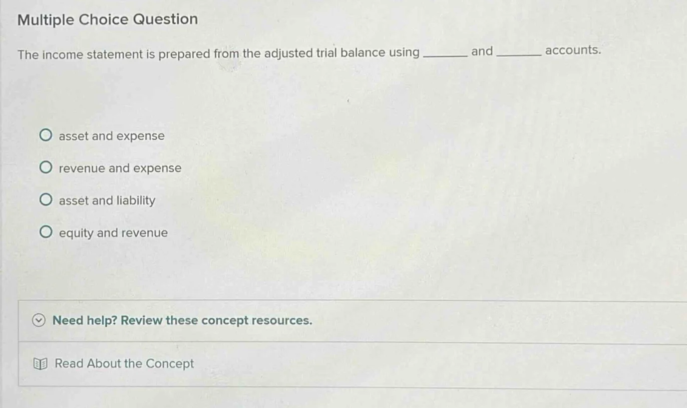 multiple choice question the income statement is prepared from the adju…