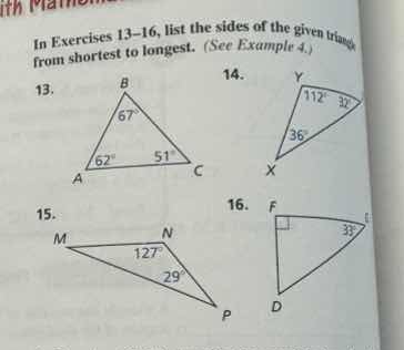 in exercises 13-16, list the sides of the given triangle from shortest …
