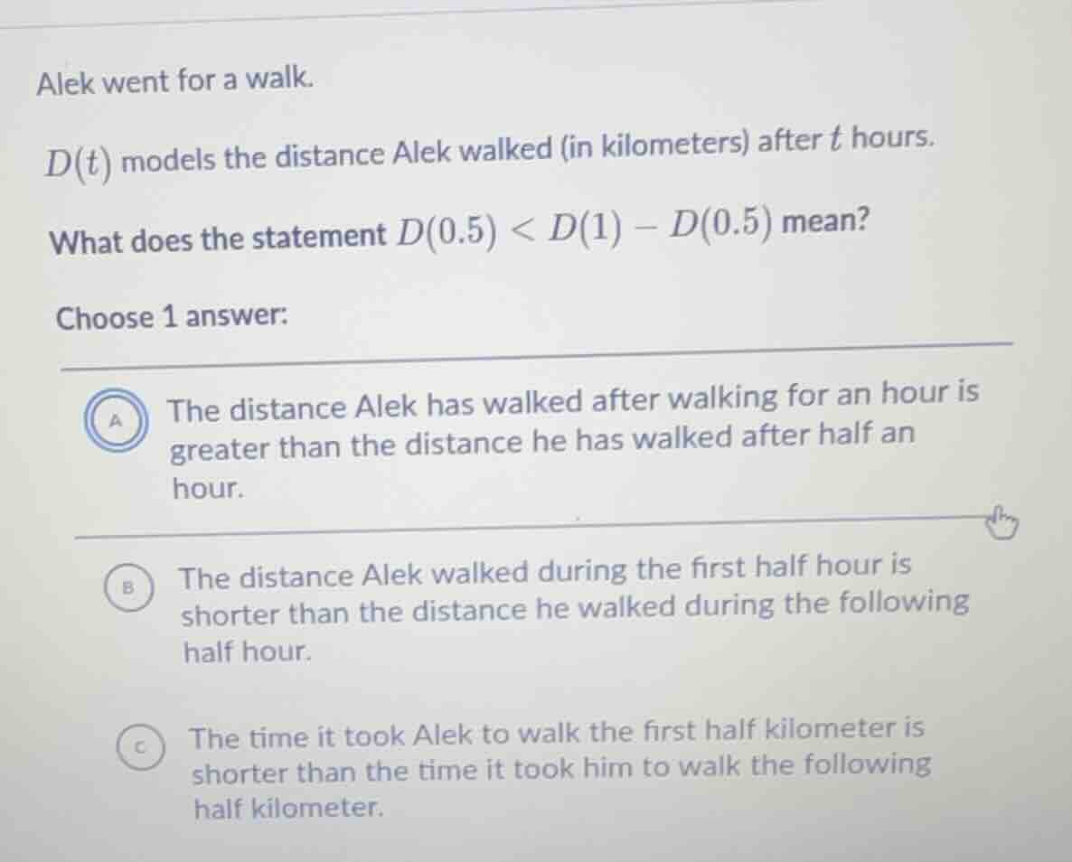alek went for a walk. $d(t)$ models the distance alek walked (in kilome…