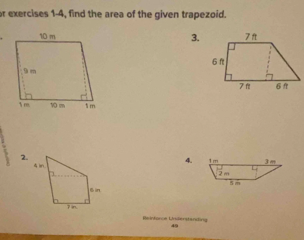 for exercises 1-4, find the area of the given trapezoid. 1. 2. 3. 4. re…