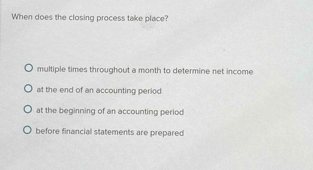 when does the closing process take place?○ multiple times throughout a …