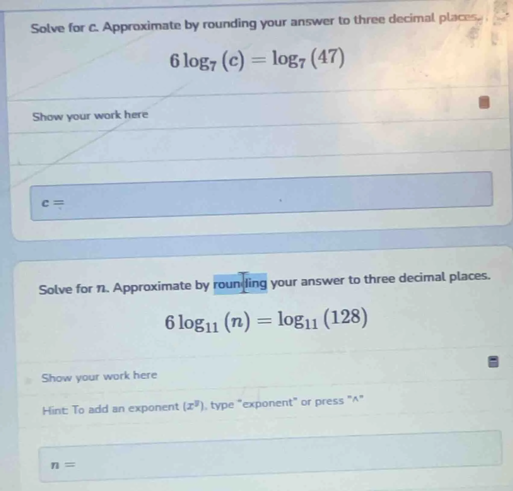 solve for c. approximate by rounding your answer to three decimal place…