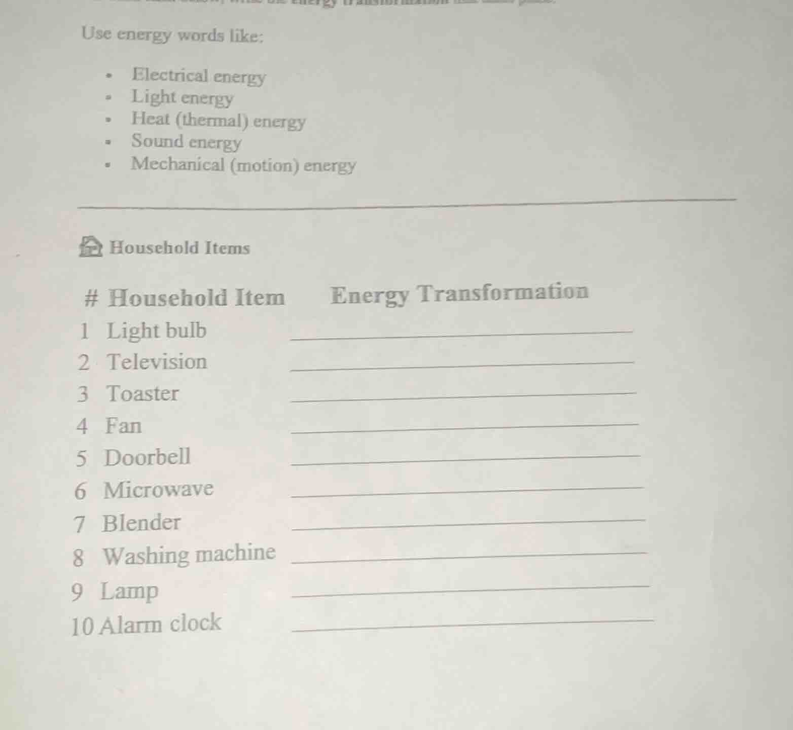 use energy words like: - electrical energy - light energy - heat (therm…