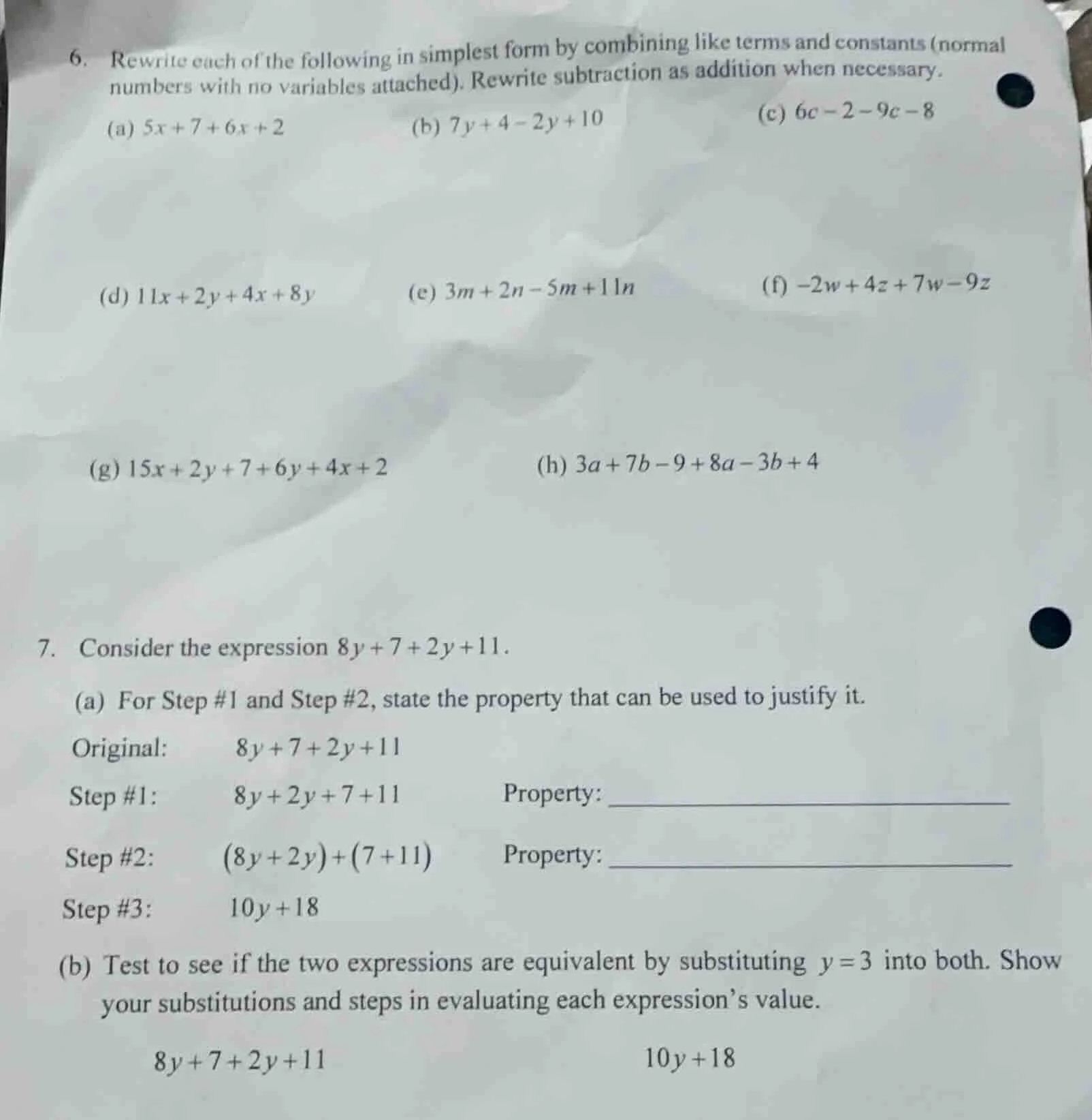 6. rewrite each of the following in simplest form by combining like ter…