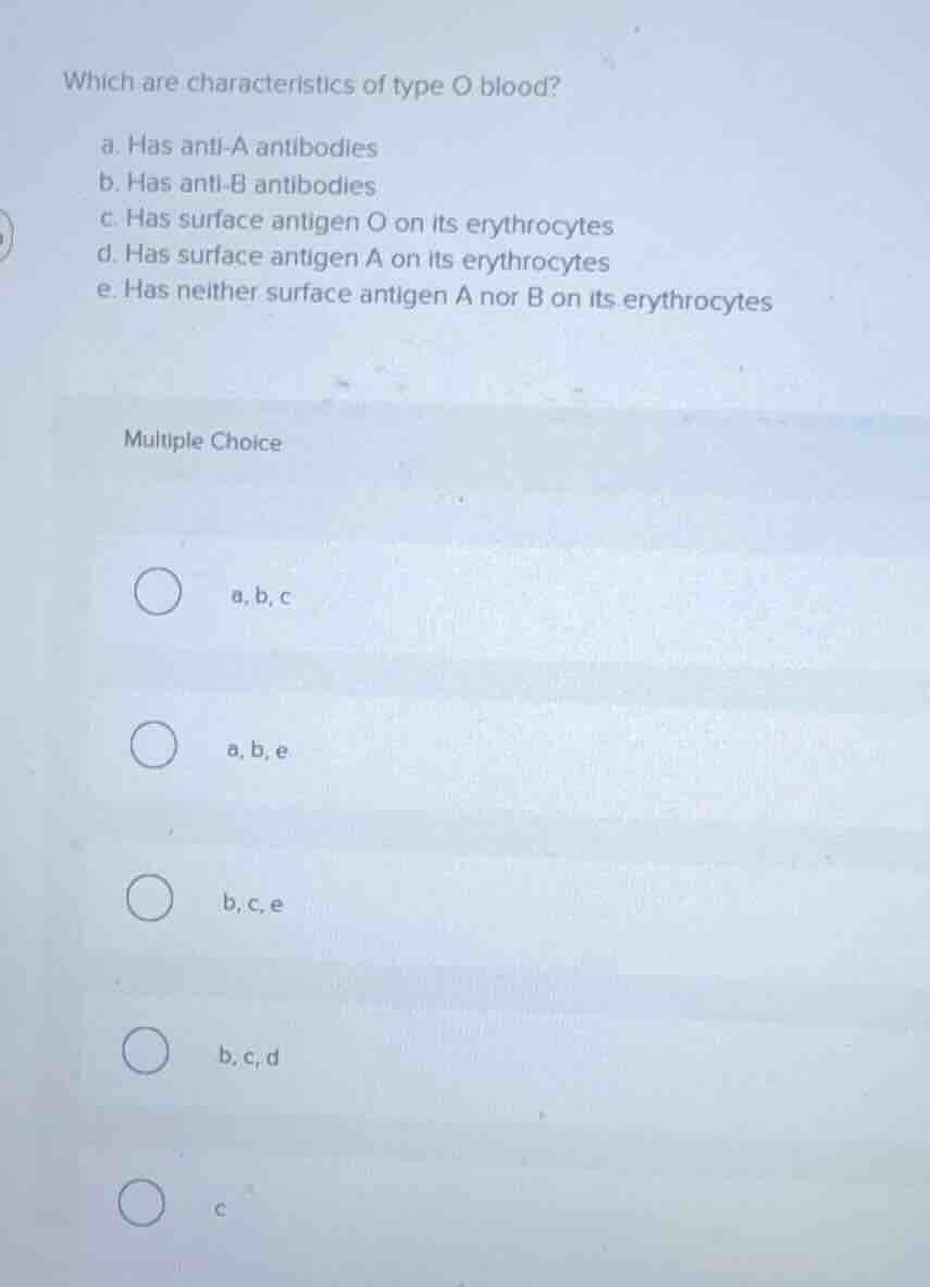 which are characteristics of type o blood? a. has anti-a antibodies b. …