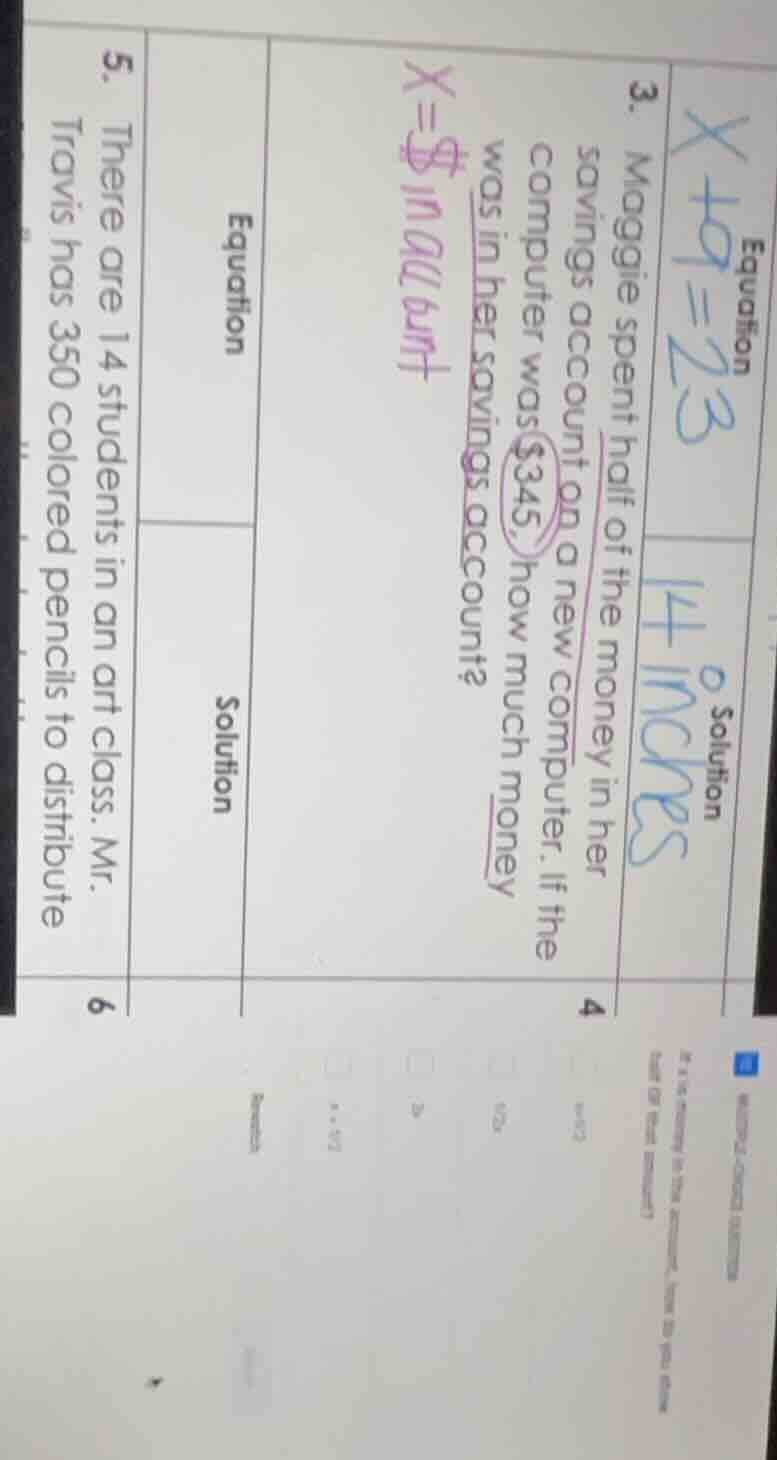 equation $x + 9=23$ solution 14 inches 3. maggie spent half of the mone…