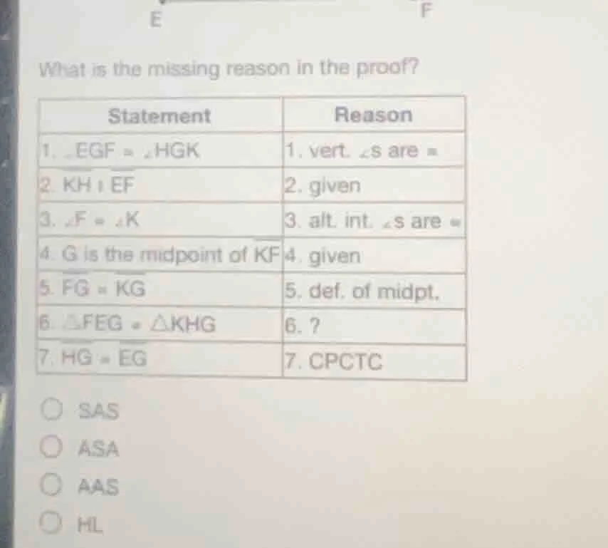 what is the missing reason in the proof? statement reason 1. ∠egf ≅ ∠hg…