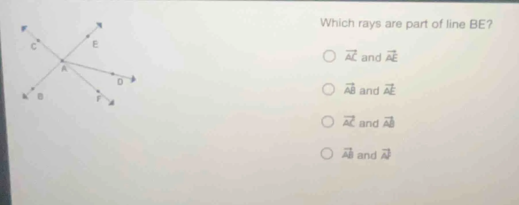 which rays are part of line be?○ $overrightarrow{ac}$ and $overrightarr…