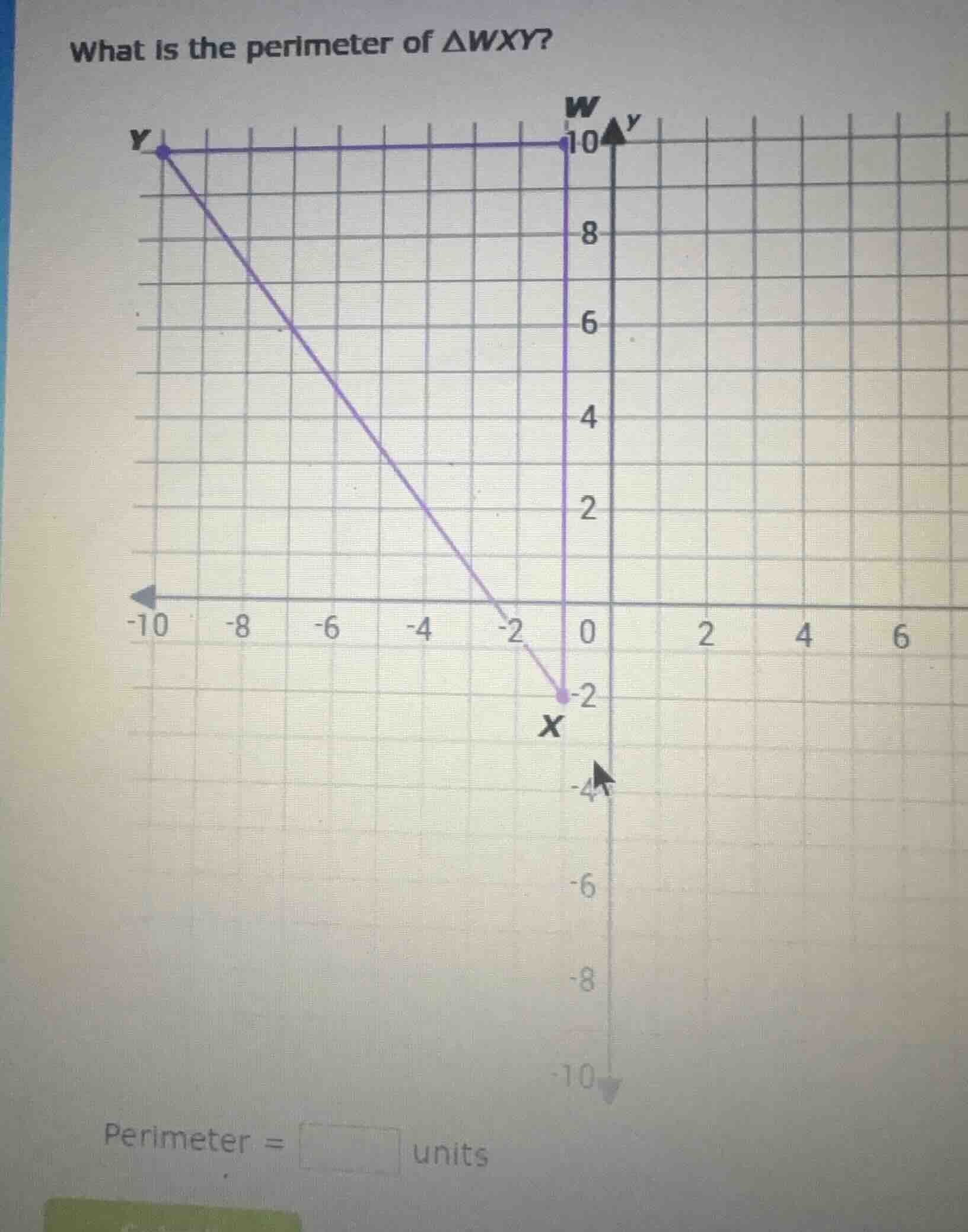 what is the perimeter of $delta wxy$? perimeter = $square$ units