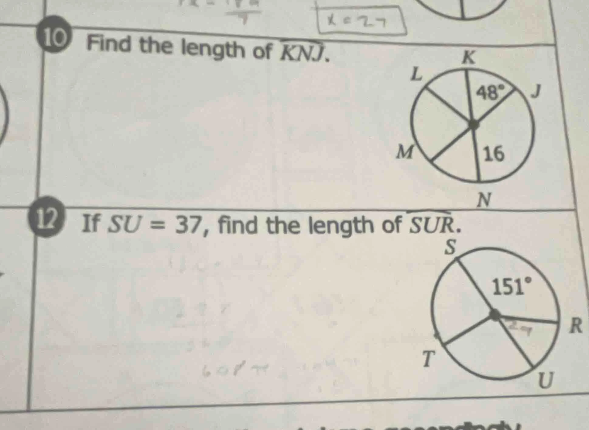 10 find the length of $overparen{knj}$.12 if $su = 37$, find the length…