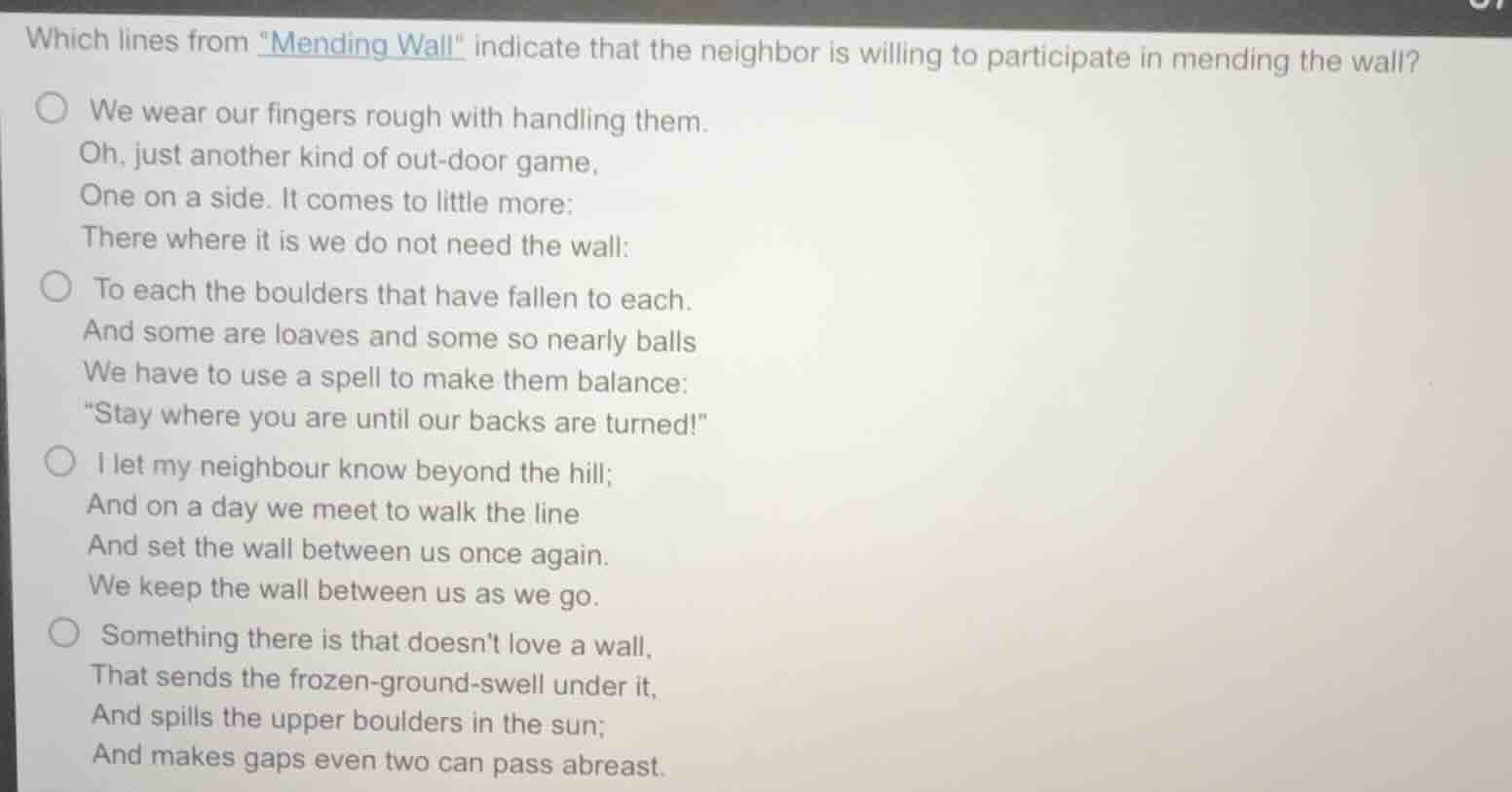 which lines from \mending wall\ indicate that the neighbor is willing t…