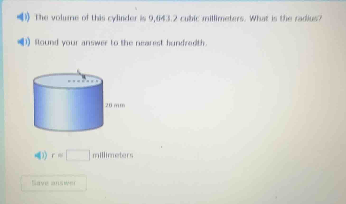 1) the volume of this cylinder is 9,043.2 cubic millimeters. what is th…