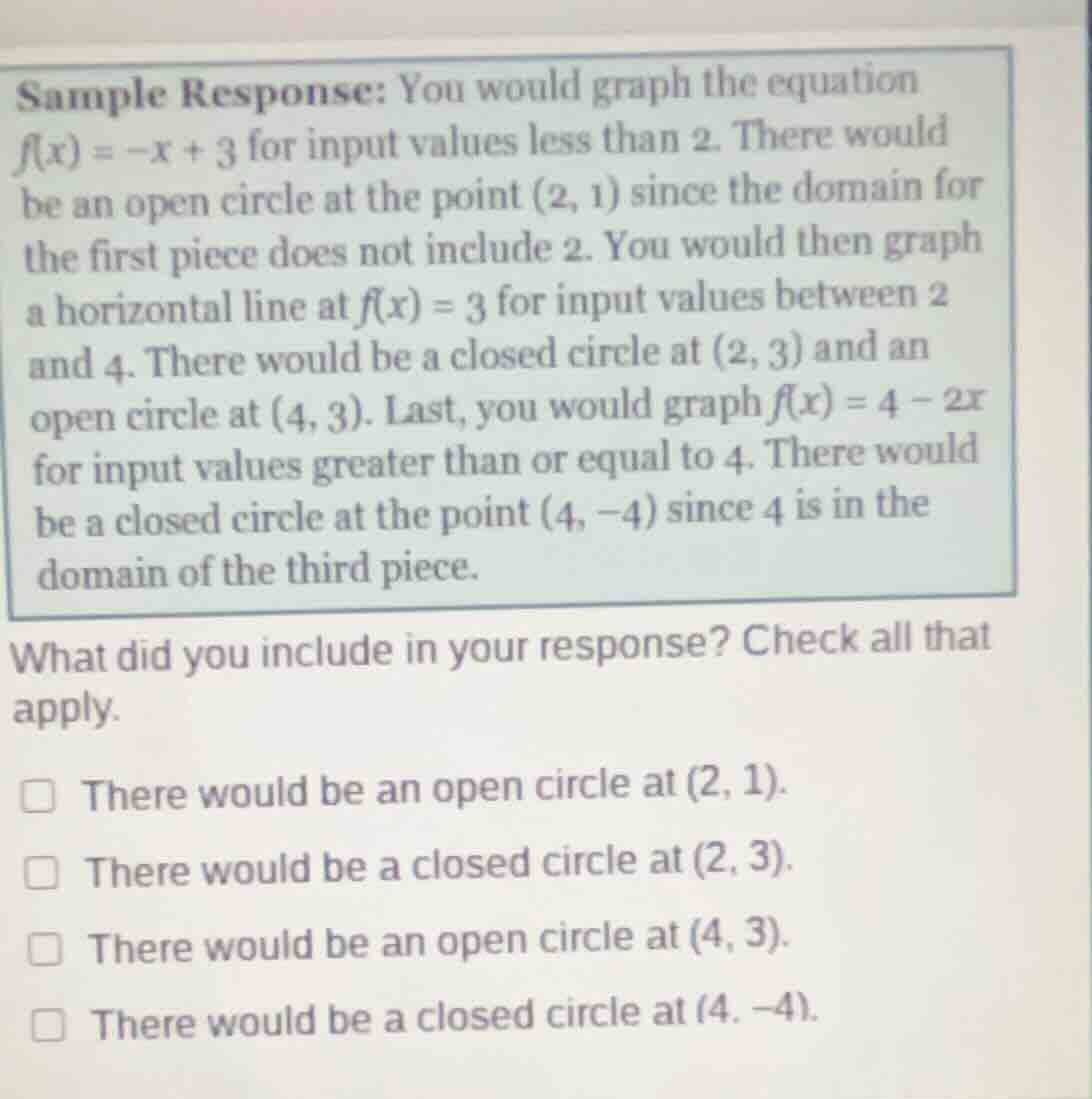 sample response: you would graph the equation $f(x) = -x + 3$ for input…