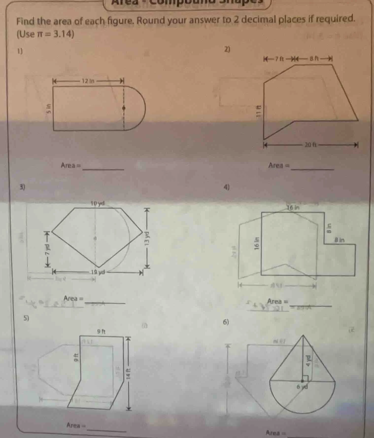 area - compound shapes find the area of each figure. round your answer …