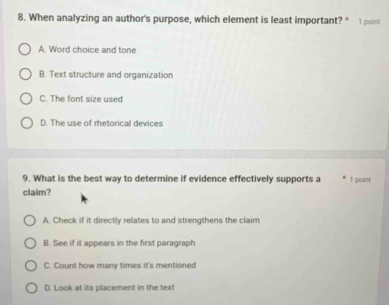 8. when analyzing an authors purpose, which element is least important?…