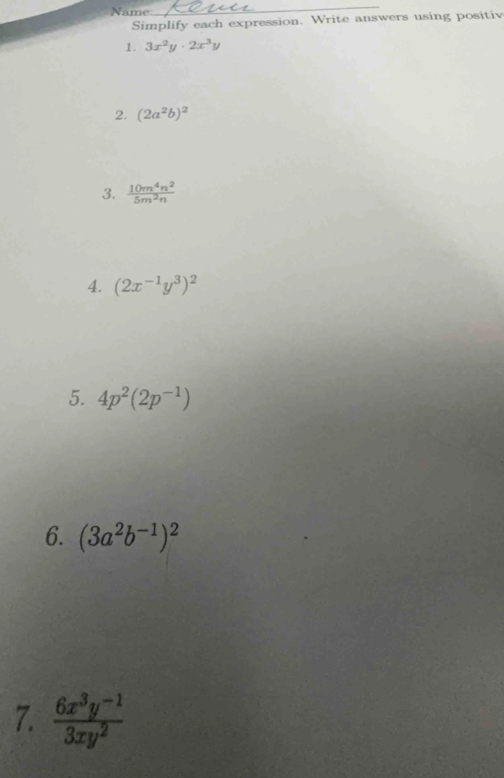 name:simplify each expression. write answers using positive1. $3x^{2}y …