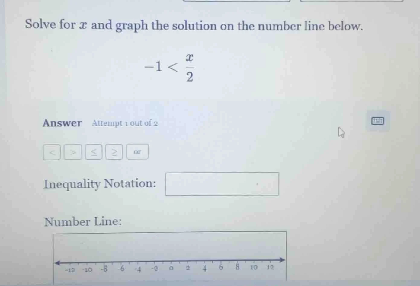 solve for $x$ and graph the solution on the number line below. $-1 < \\…