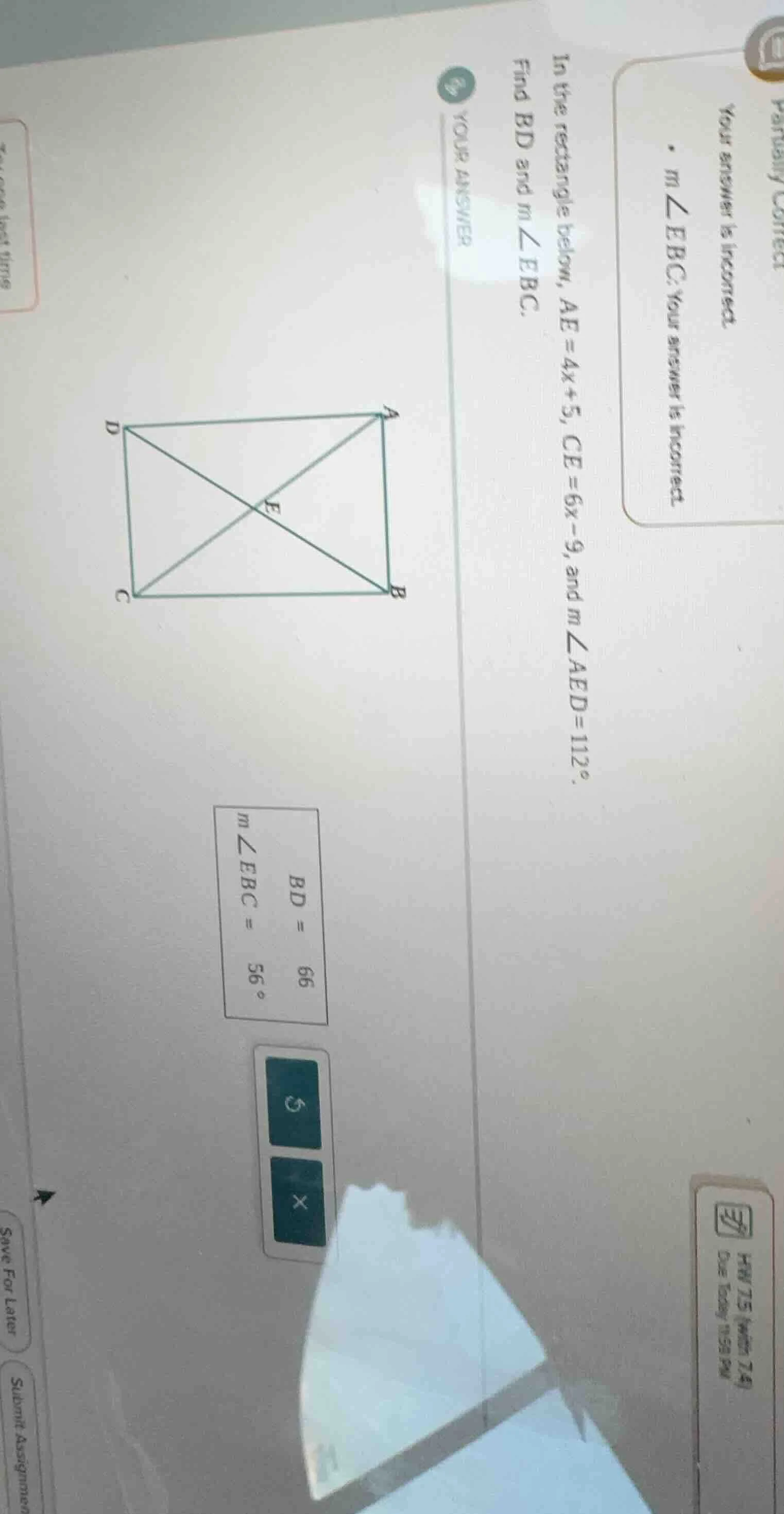 partially correct your answer is incorrect. · $m\\angle ebc$: your answ…