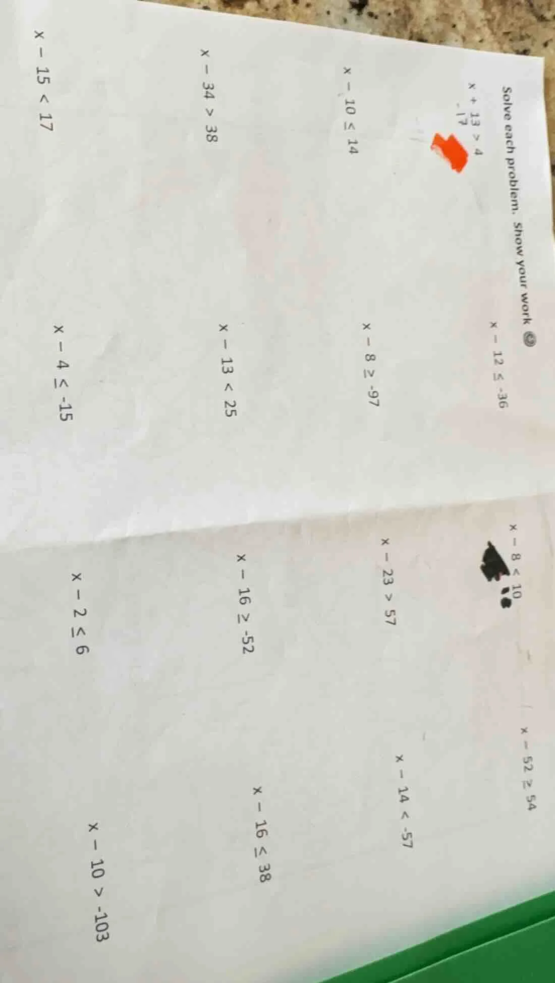 solve each problem. show your work$x + 13 > 4$$x - 12 \\leq -36$$x - 8 …