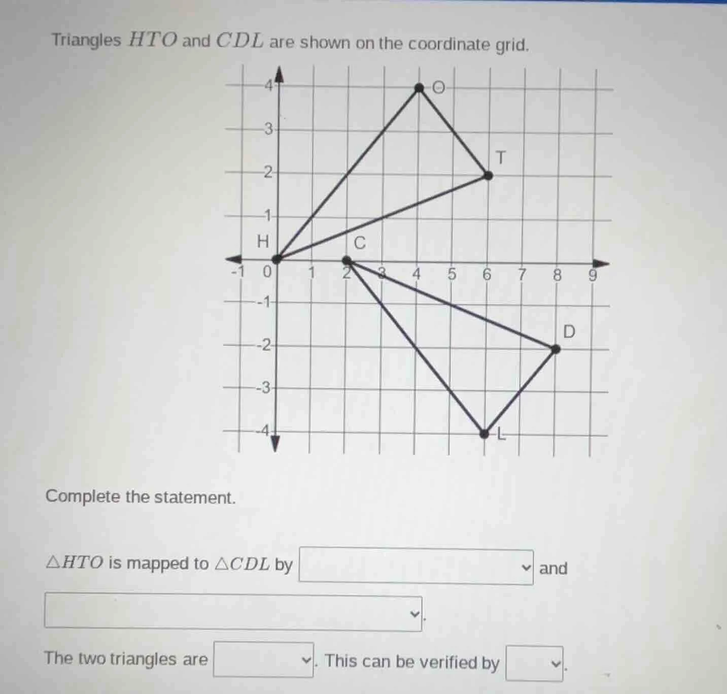 triangles $hto$ and $cdl$ are shown on the coordinate grid. complete th…