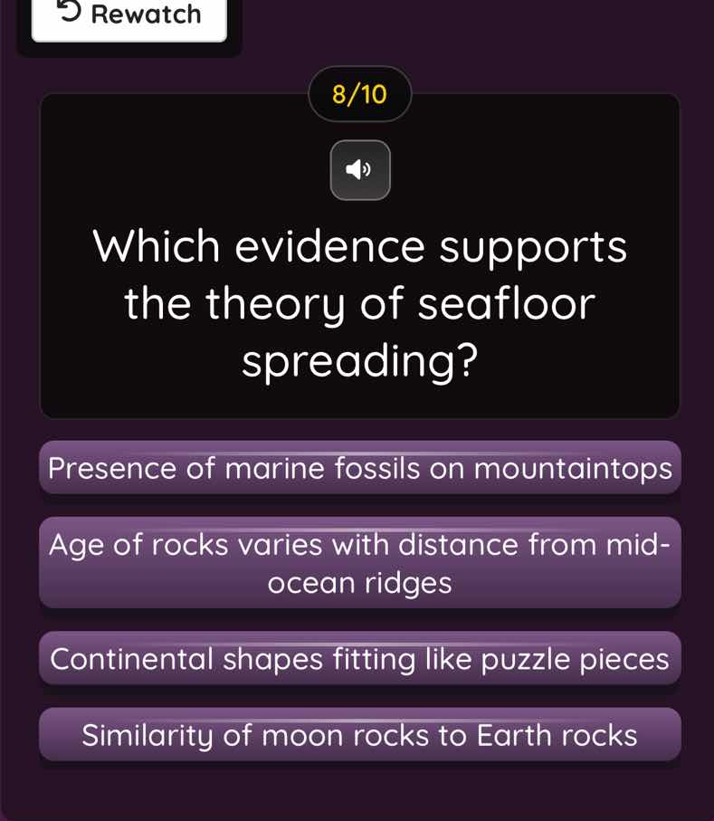 8/10 which evidence supports the theory of seafloor spreading? presence…