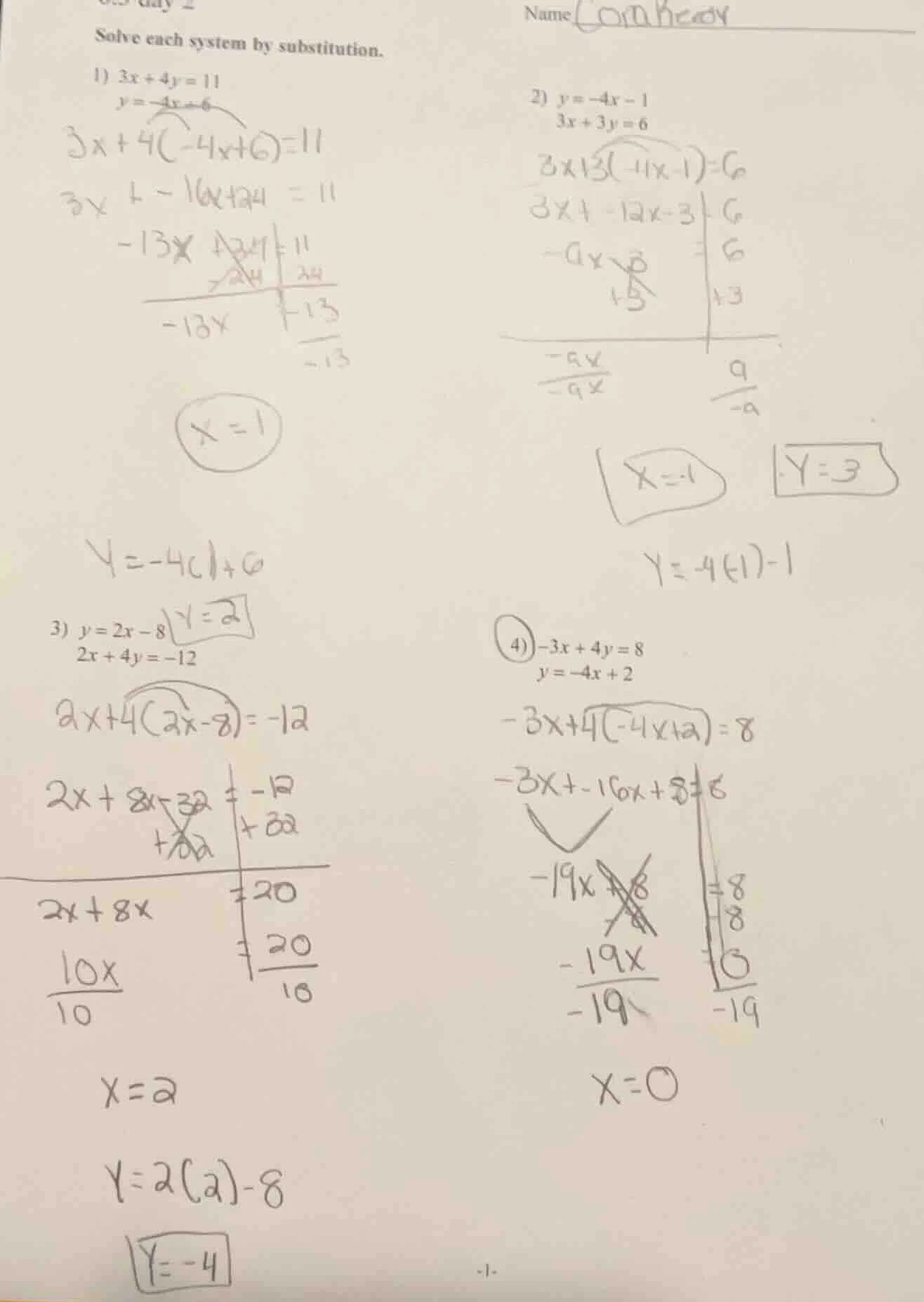 name solve each system by substitution. 1) $3x + 4y = 11$ $y = -4x + 6$…