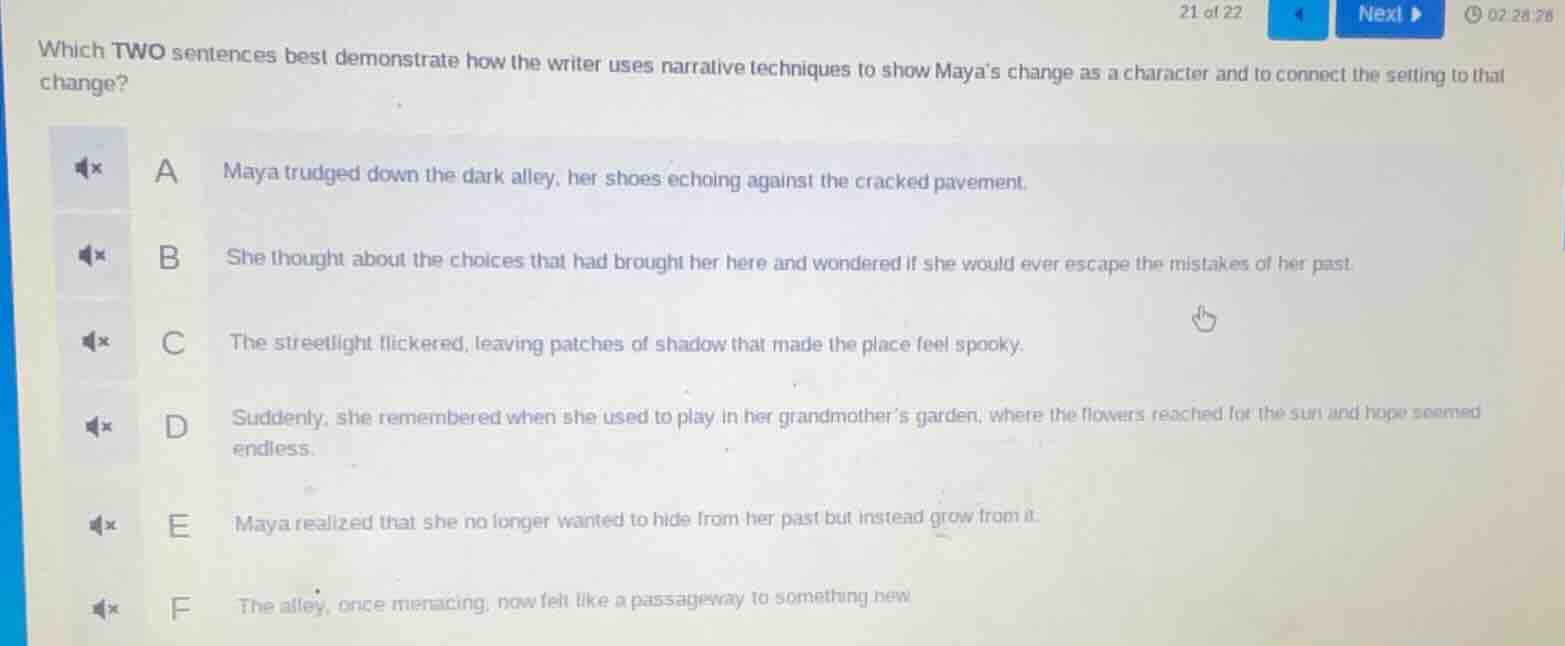 21 of 22 which two sentences best demonstrate how the writer uses narra…