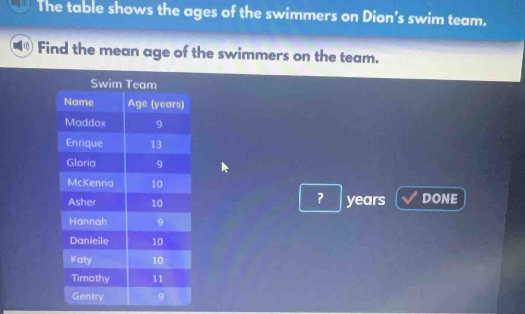 the table shows the ages of the swimmers on dions swim team. find the m…
