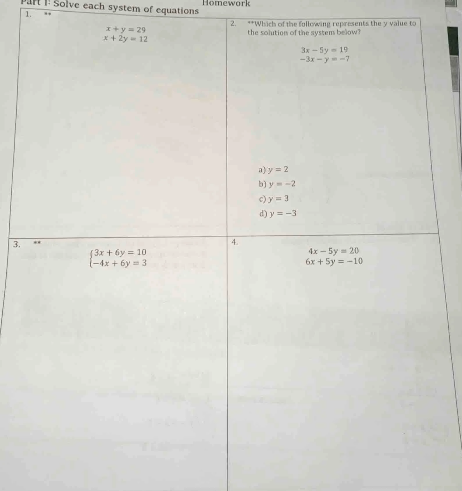 homework part i: solve each system of equations 1. ** $x + y = 29$ $x +…