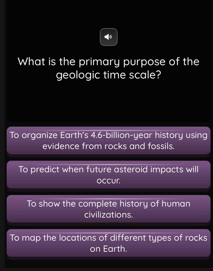 what is the primary purpose of the geologic time scale? to organize ear…