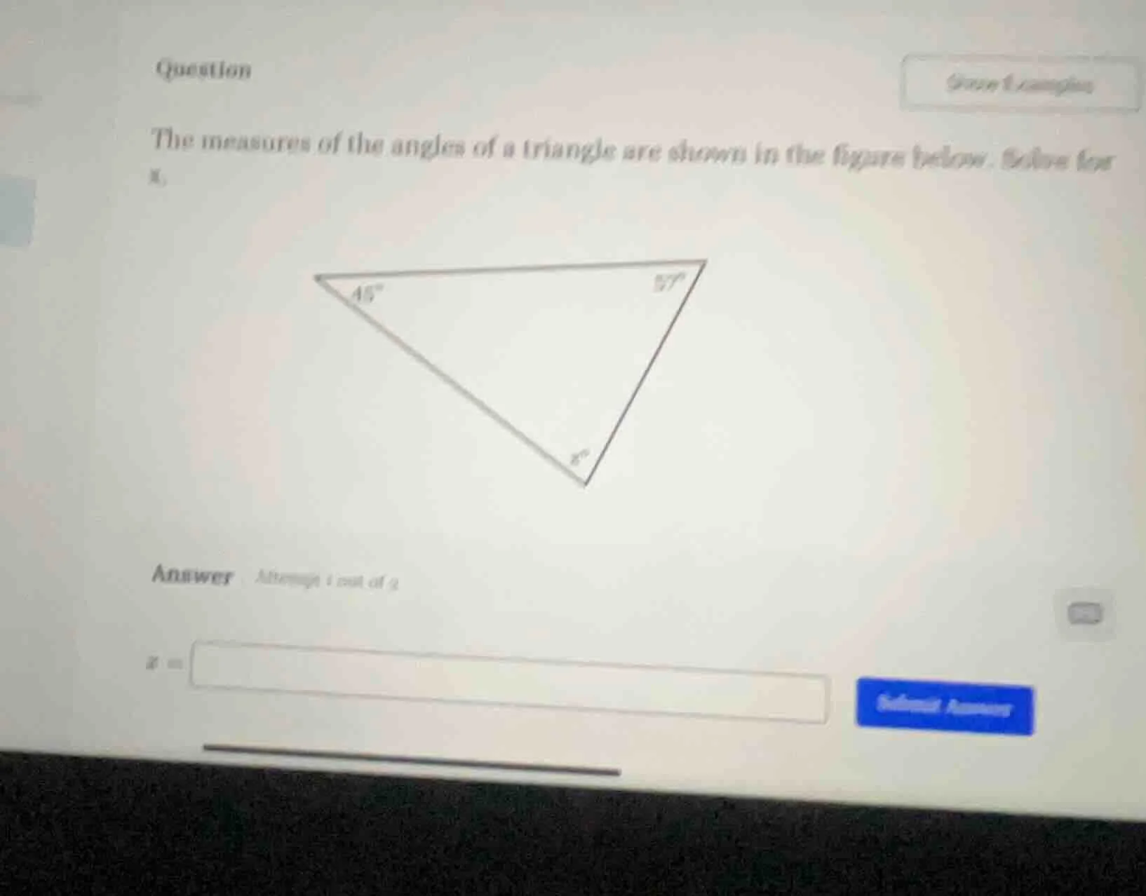 question the measures of the angles of a triangle are shown in the figu…