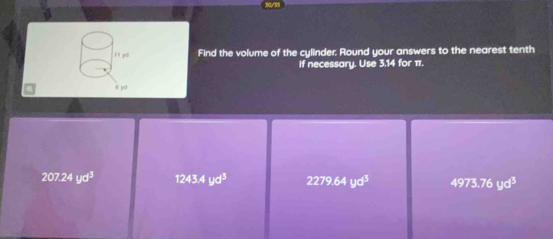 find the volume of the cylinder. round your answers to the nearest tent…