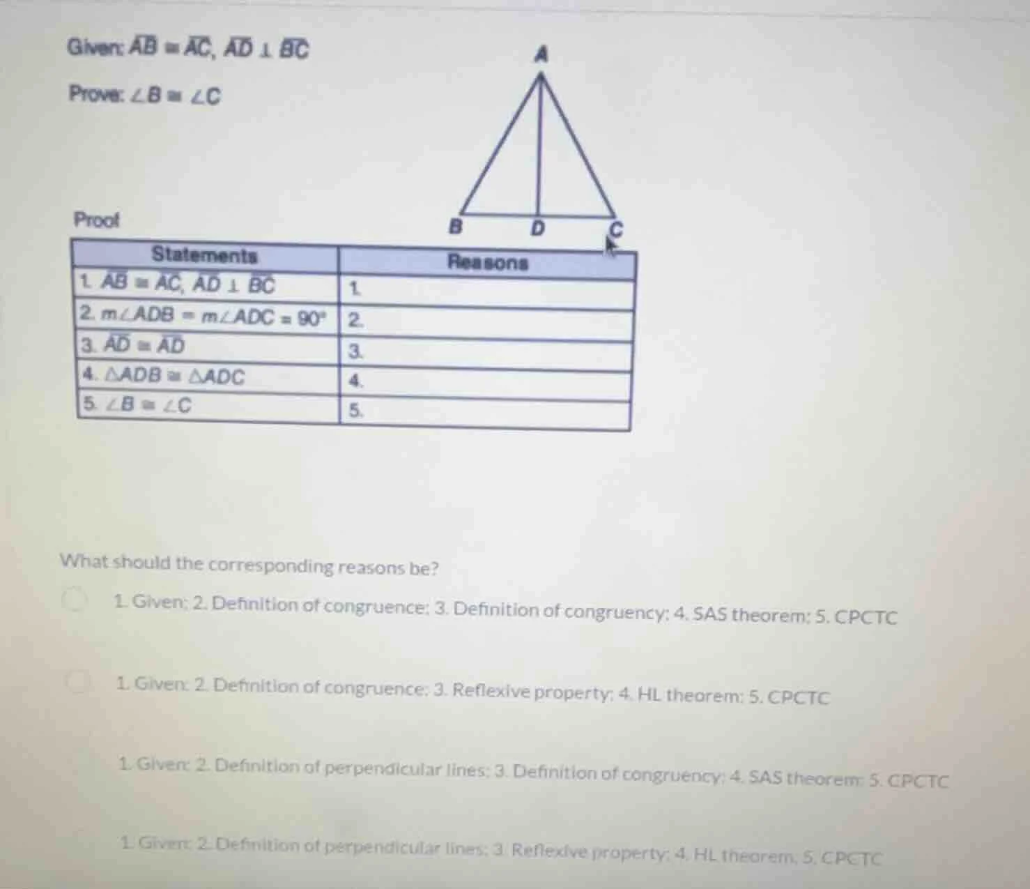 given: $overline{ab} cong overline{ac}$, $overline{ad} perp overline{bc…