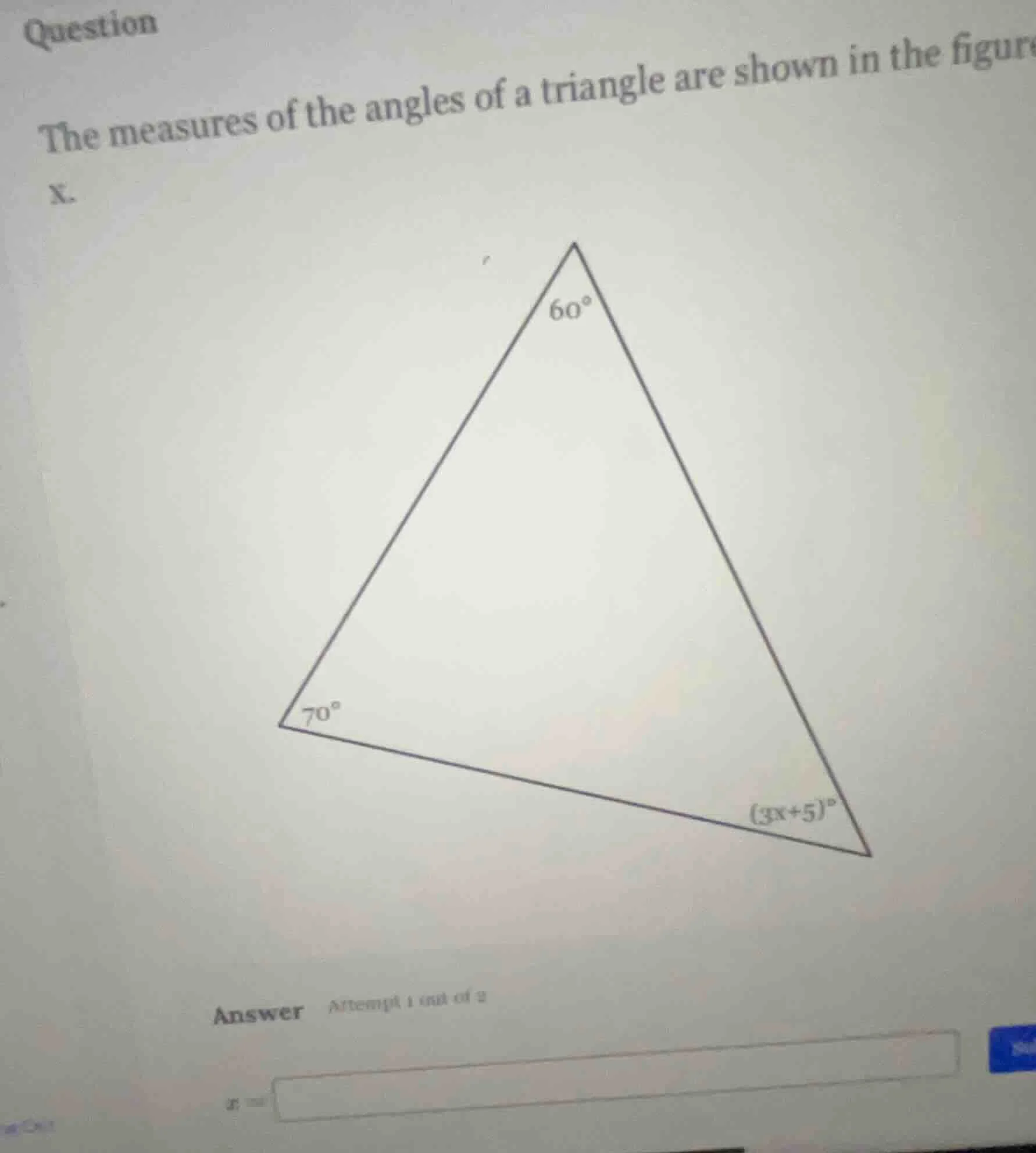 question the measures of the angles of a triangle are shown in the figu…