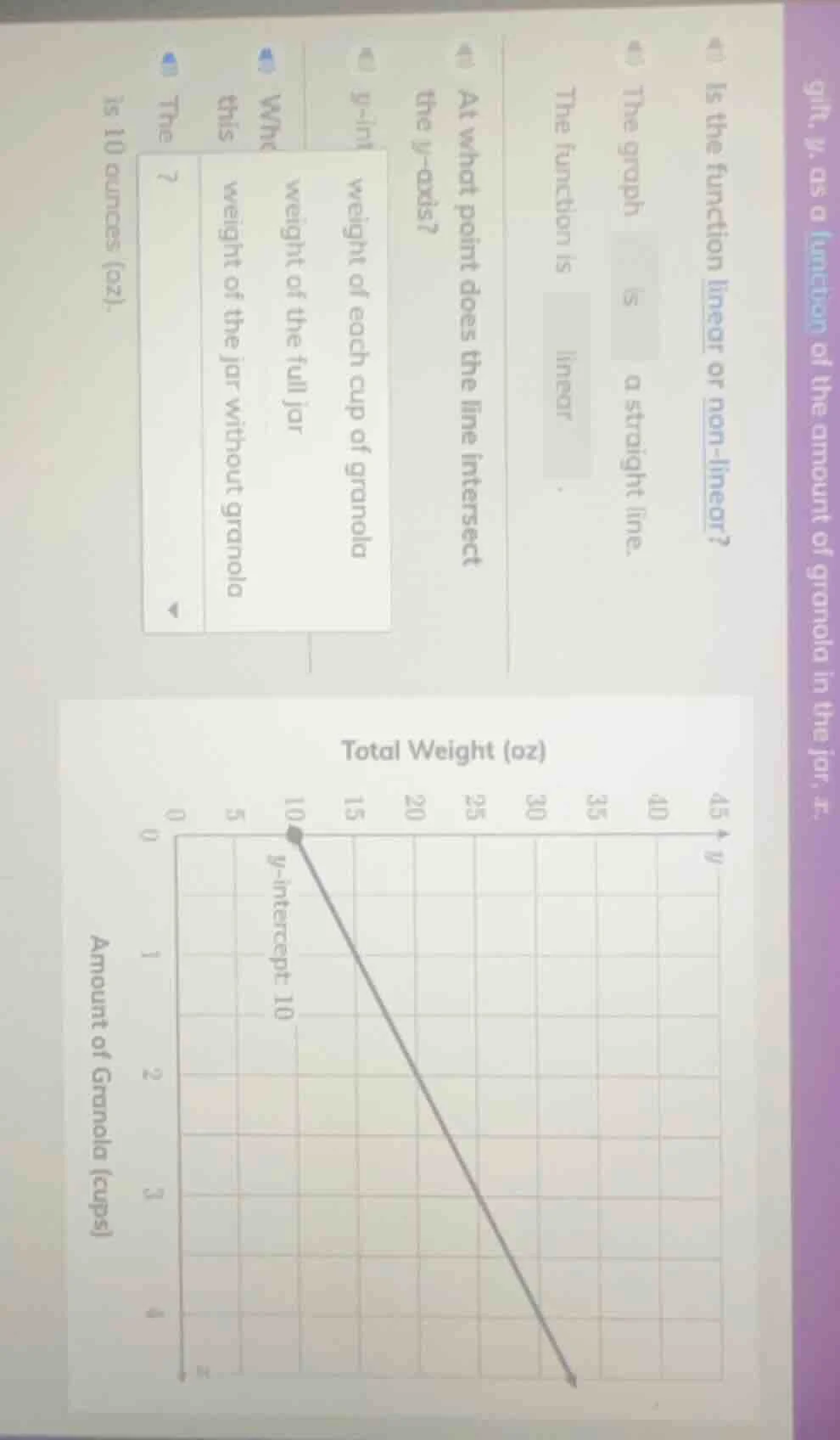 gift, y, as a function of the amount of granola in the jar, x.1. is the…
