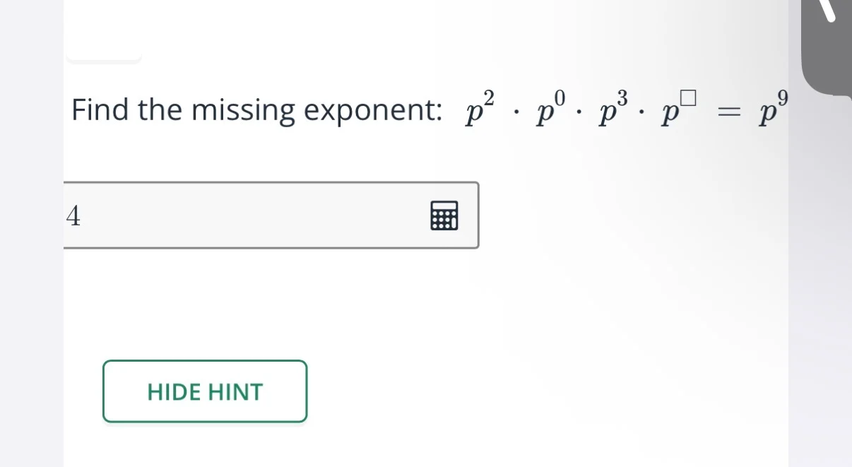find the missing exponent: $p^{2} \\cdot p^{0} \\cdot p^{3} \\cdot p^{\…