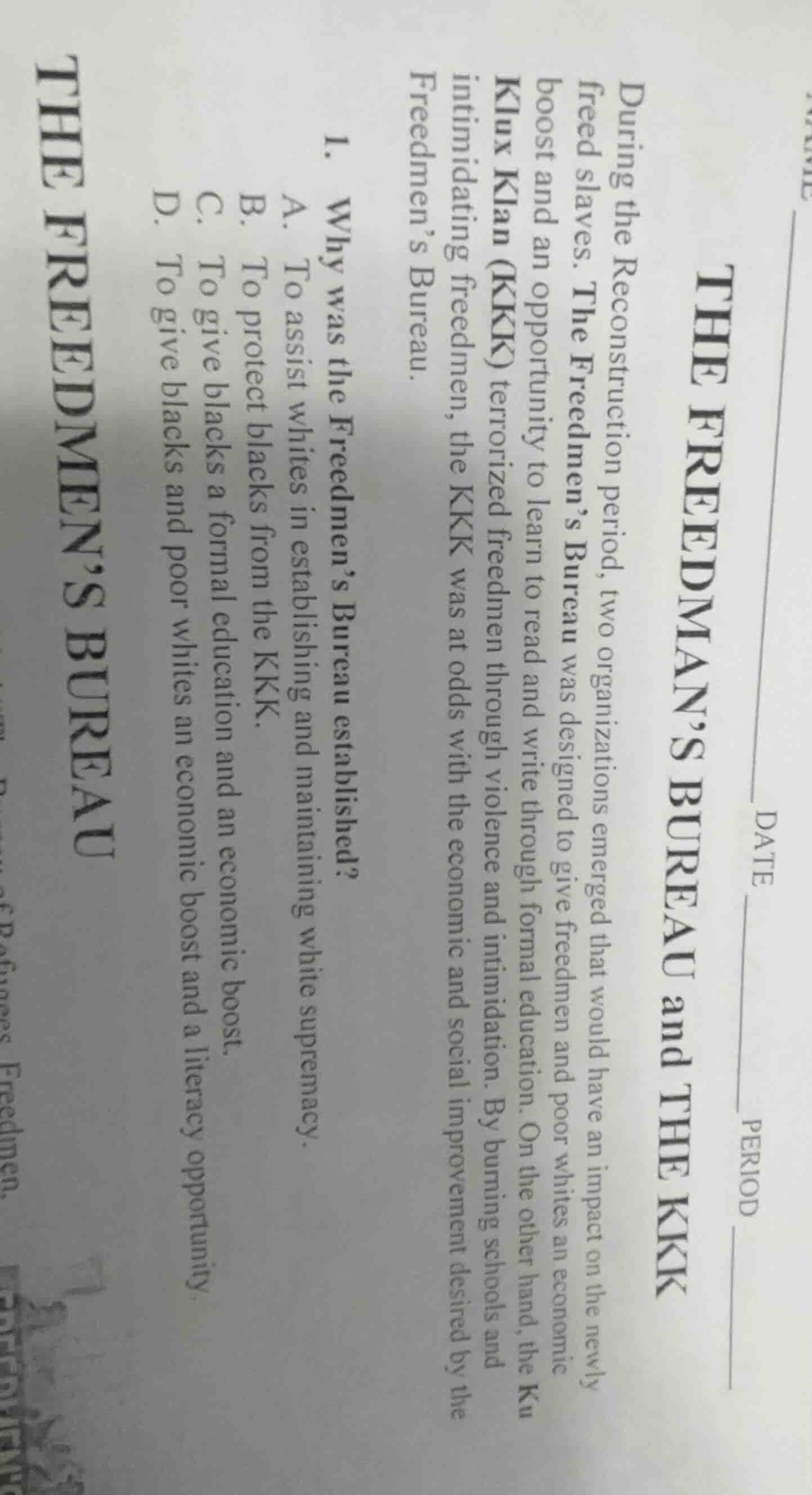 name date period the freedmans bureau and the kkk during the reconstruc…