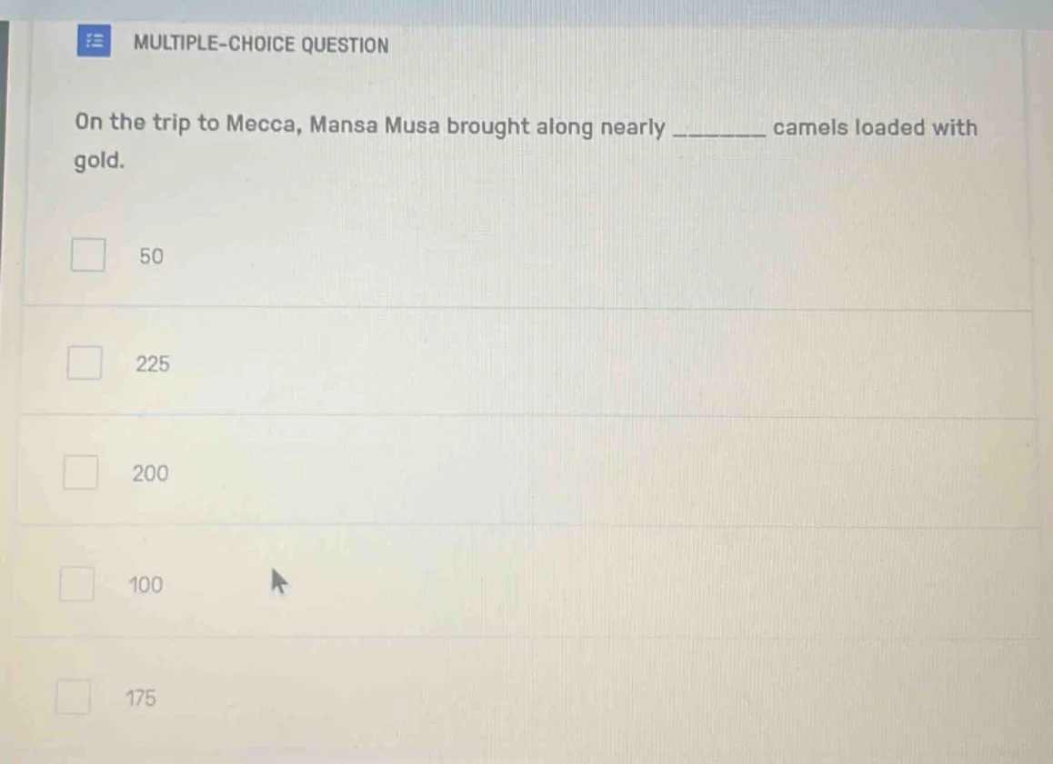multiple-choice question on the trip to mecca, mansa musa brought along…