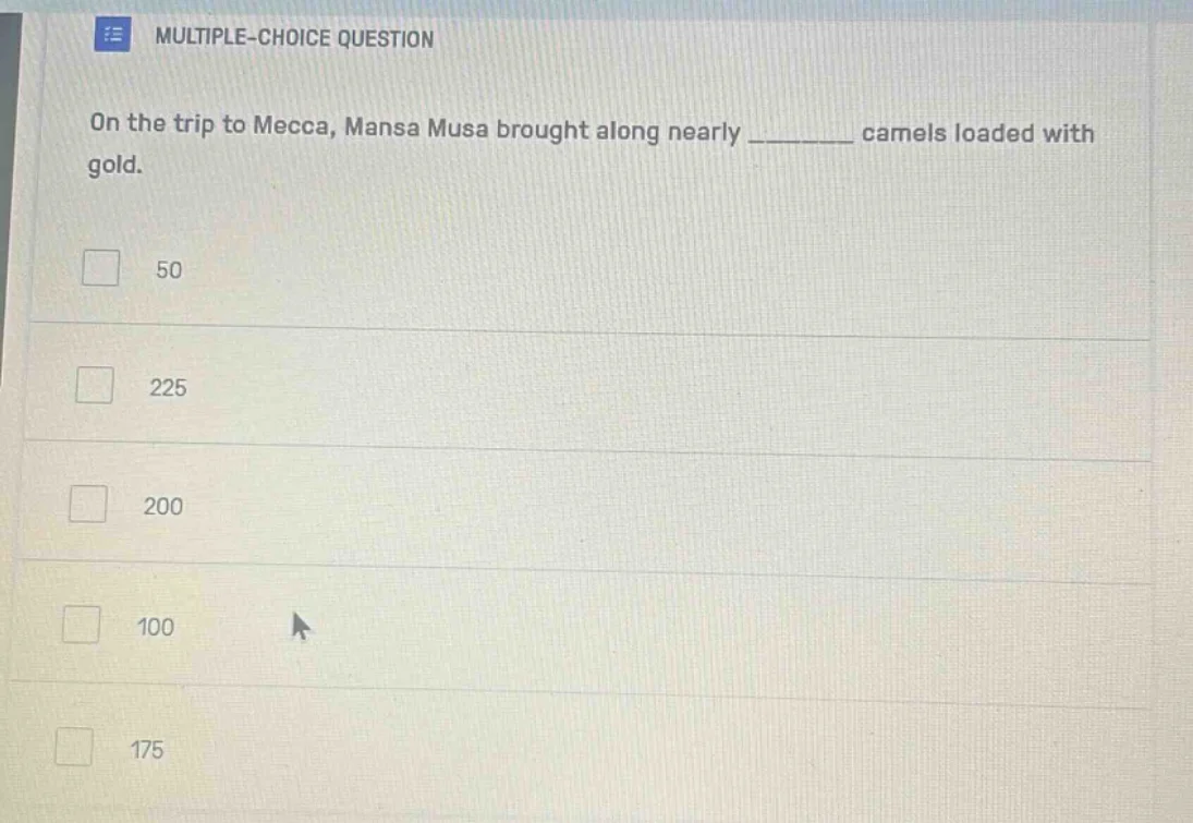 multiple-choice question on the trip to mecca, mansa musa brought along…